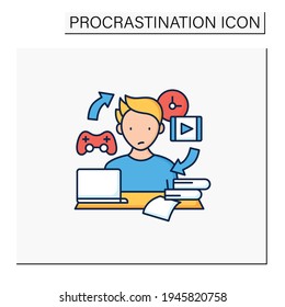Procrastination habit color icon. Routine procrastinating process. Day plan. Daily habits. Overload concept. Isolated vector illustration