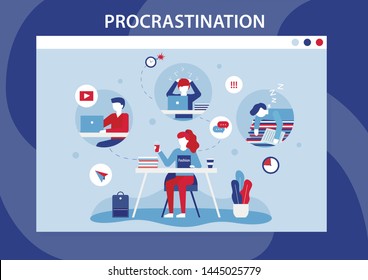 Procrastination Human Weakness Cartoon Flat Banner. Lazy, Bored, Professional Burnout Men and Women Characters Doing Distracting Things, Sleeping, Waist Time Instead Working. Vector Illustration