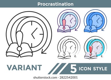 Procrastination icon for time management, productivity challenges, study habits, and academic motivation. Line, Filled, Color style.