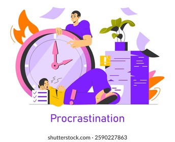 Procrastination illustration. The struggle against time management illustrated through a character engaging in unproductive activities while a clock looms nearby. This highlights the tension between