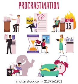 Procrastination infographic collection with Inefficient and lazy office staff, flat vector illustration isolated on white background. Deadline breaking and procrastination at workplace.