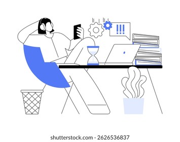 Procrastinação isolada desenhos animados vetor ilustrações. Menina preguiçosa em fones de ouvido procrastinando com telefone, pessoas maus hábitos, adiando tarefas até o último minuto, gestão de tempo vetor cartoon.