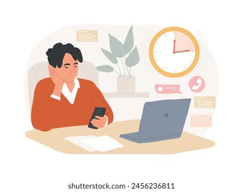 Procrastinación concepto aislado Ilustración vectorial. Gasto de tiempo poco rentable, pasatiempo inútil, aburrido en la oficina, evitar el trabajo, falta de motivación, concepto de Vector de burnout profesional.