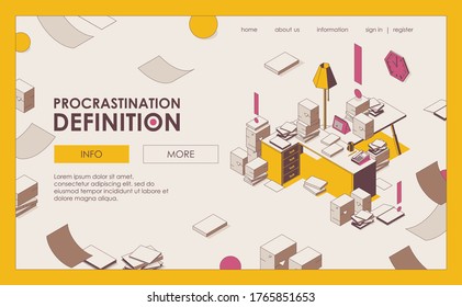 Procrastination isometric vector landing page or banner. Mess paper work, documents and important files drawn in outline 3d mode on office table. Yellow and pink colors