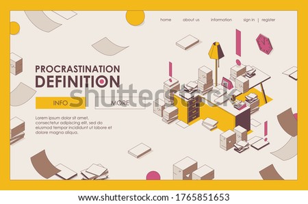 Procrastination isometric vector landing page or banner. Mess paper work, documents and important files drawn in outline 3d mode on office table. Yellow and pink colors