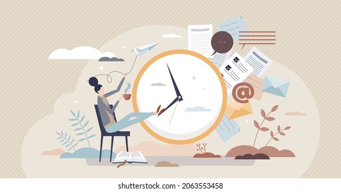 Procrastination and job duty delay or useless postpone tiny person concept. Lazy employee without productivity or effective work vector illustration. Unprofitable, distracted and bored office female.