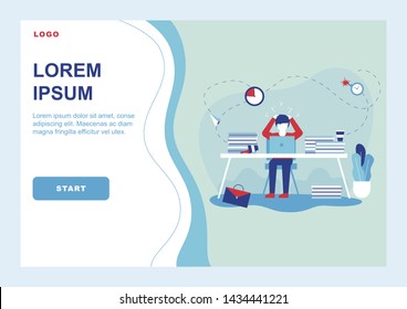 Procrastination Landing Page. Cartoon Worker Character Lost his Work Time. Manager Took Head Sit at Office desk Look at Laptop. Unfinished Tasks, Urgent Business, Burning Deadline Vector Illustration