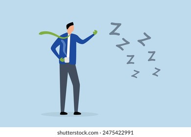 Procrastination and laziness, awake businessman drinking coffee and wearing boxing gloves to fight  lazy sleepy symbol.