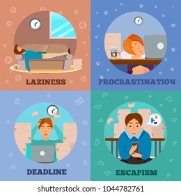 Procrastination laziness escapism delayng and dealing with deadlines characters concept 4 cartoon icons square isolated vector illustration 
