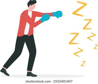 Procrastination and laziness, productivity and professionalism to fight with resistance and sleepy concepts, alert businessmen have some coffee wearing boxing gloves to fight with lazy sleepy symbols.