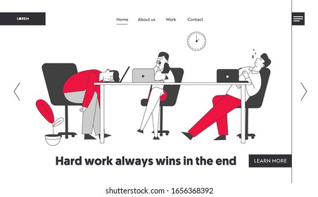 Procrastination, Laziness Website Landing Page. Boring, Procrastinating and Lazy Businesspeople Employees Sleeping and Yawning at Workplace Web Page Banner. Cartoon Flat Vector Illustration Linear