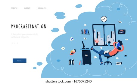 Procrastination, Laziness Website Landing Page. Young man sitting with his legs on desk, dreaming and resting instead of working. Vector Illustration in flat cartoon style
