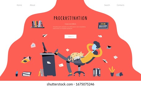Procrastination, Laziness Website Landing Page. Young man sitting with his legs on desk, dreaming and resting instead of working. Vector Illustration in flat cartoon style