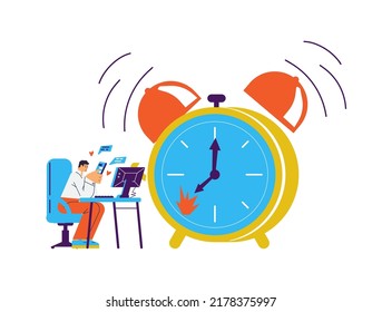 Procrastination and laziness at work banner template with man chatting in social media at huge alarm clock backdrop, flat vector illustration isolated on white background.