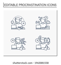 Procrastination line icons set. Laziness, brain procrastination, statistics, chronic. Overwhelmed concept. Isolated vector illustrations.Editable stroke