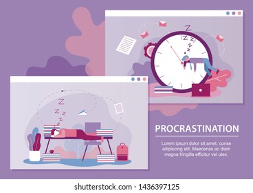 Procrastination Metaphor Text Cartoon Banner Set. Lazy or Tired Businessmen Characters Sleep on Clock Hands and Desk at Workplace during Work Time. Official Duties Avoidance. Vector Flat Illustration