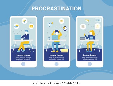 Procrastination Mobile Text Landing Page Flat Set. Overworked, Tired, Exhausted Business People Working Hard. Lost and Wast Time, Deadline Accumulation. Vector Phone Banner Illustration