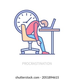 Procrastination - modern multi color line design style icon on white background. Men sitting on office chair at the table. He does not want to work or study, laptop opened, clock shows passing time