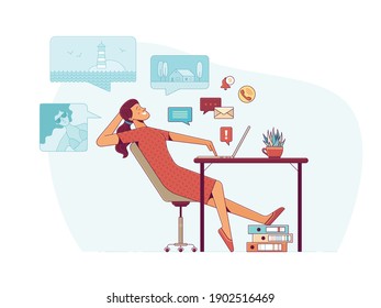 Procrastination and needed rest cartoon vector illustration. Young woman dreaming about travelling at table in office. Work at home female character isolated on white background