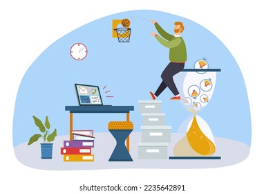Procrastination in office concept, vector illustration, flat man character play basketball near computer, worker sit at huge hourglass with clock.