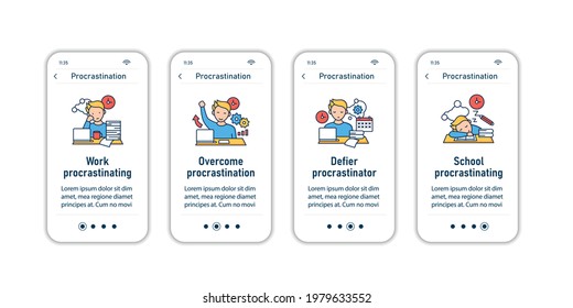 Procrastination onboarding mobile app screens. Postpone unpleasant tasks for later.Delay. Overwhelmed steps menu. Set of UI, UX, web template with RGB color linear icons