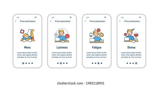 Procrastination onboarding mobile app screens. Postpone unpleasant tasks for later.Delay. Overwhelmed steps menu. Set of UI, UX, web template with RGB color linear icons