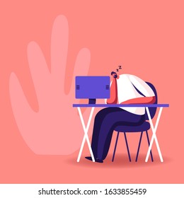 Procrastination, Overwork Burnout Symptom Concept. Lazy or Tired Overload Businessman with Low Life Energy Power Sleeping at Working Place Lying on Desk with Computer. Cartoon Flat Vector Illustration