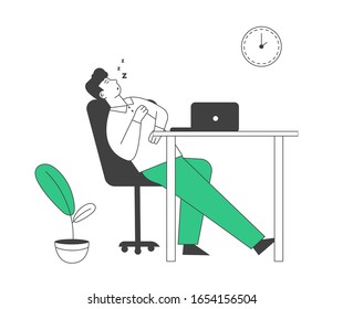 Procrastination, Overwork Burnout Symptom Concept. Lazy, Boring or Tired Businessman with Low Life Energy Sleep at Working Place Lying on Desk with Computer. Cartoon Vector Illustration Linear