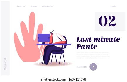 Procrastination, Overwork Burnout Symptom Website Landing Page. Lazy or Tired Overload Businessman with Low Life Energy Sleeping at Working Place Web Page Banner. Cartoon Flat Vector Illustration