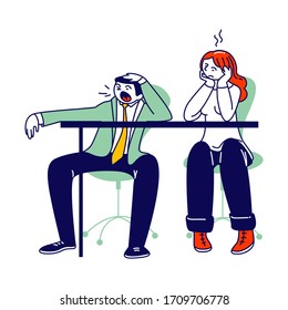 Procrastination, Overwork Burnout Symptoms Concept. Lazy, Boring or Tired Business Man and Woman Characters with Low Energy Yawning at Working Place or Bored Meeting. Linear People Vector Illustration