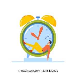 Procrastinación, exceso de trabajo, pérdida de tiempo, sensación de quemazón. Empresario con sobrecarga floja o cansada durmiendo en un lugar de trabajo en un enorme reloj de alarma. Ilustración del vector de dibujos animados