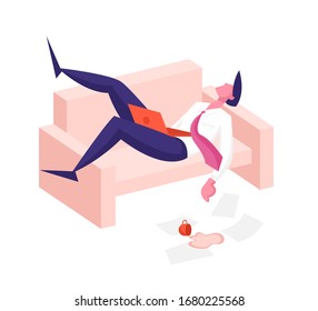 Procrastination, Overworked and Burnout Symptoms Concept. Lazy Bored  tired Businessman Character with Low Energy Sleeps at Working Place on Couch with Scattered Documents. Cartoon Vector Illustration