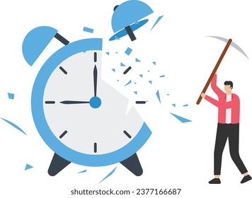 Procrastination postpone to get thing done later, too tight business deadline or cannot finish work in time concept, young man holding big hammer smashing on loud reminding alert alarm clock.

