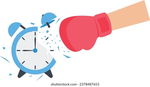 Procrastination postponement to get things done later, too tight business deadlines or cannot finish work in time concept, Holding hand smashing on loud reminding alert alarm clock

