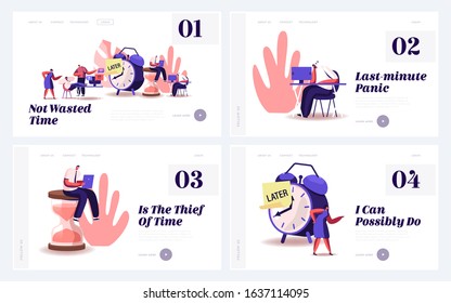 Procrastination, Postponing Work Website Landing Page Set. Lazy Businesspeople Spend Unprofitable Time in Office, Working Deadline Urgency, Postpone Web Page Banner. Cartoon Flat Vector Illustration