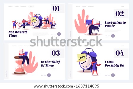Procrastination, Postponing Work Website Landing Page Set. Lazy Businesspeople Spend Unprofitable Time in Office, Working Deadline Urgency, Postpone Web Page Banner. Cartoon Flat Vector Illustration