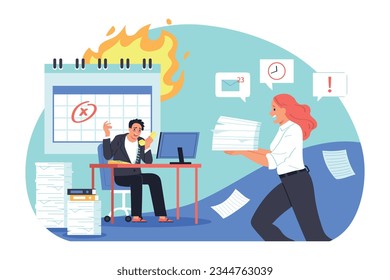 Procrastination project deadline composition with office scenery and man hanging on phone while woman carrying papers vector illustration