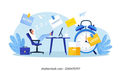 Procrastination or project deadline. Lazy business woman sitting with his legs on desk, dreaming and procrastinating instead of working. Productivity and efficiency in work. Resting office employee.