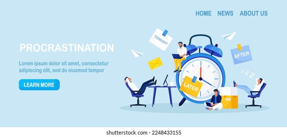 Procrastination or project deadline. Lazy business people sitting with his legs on desk, dreaming and procrastinating instead of working. Productivity and efficiency in work. Resting office employees
