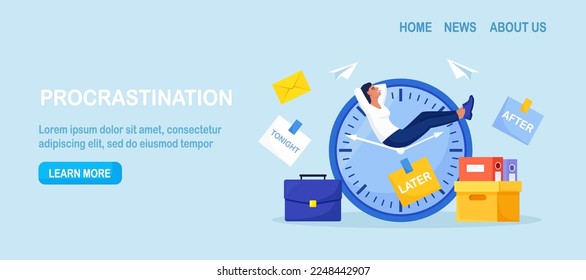 Procrastination or project deadline. Lazy business woman sitting on clock hands, dreaming and procrastinating instead of working. Productivity and efficiency in work. Postpone tasks to do later