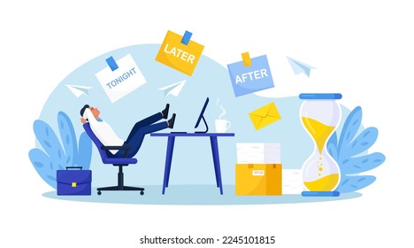 Procrastination or project deadline. Lazy businessman sitting with his legs on desk, dreaming and procrastinating instead of working. Productivity and efficiency in work. Resting office employee.