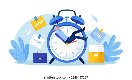 Procrastination or project deadline. Lazy businessman sitting on clock hands, dreaming and procrastinating instead of working. Productivity and efficiency in work. Postpone tasks to do later