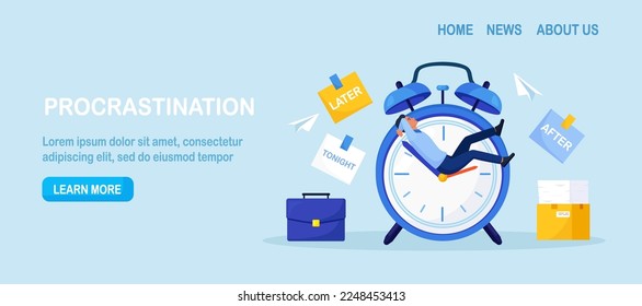 Procrastination or project deadline. Lazy businessman sitting on clock hands, dreaming and procrastinating instead of working. Productivity and efficiency in work. Postpone tasks to do later