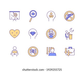 Procrastinación Ajusta los iconos de color RGB. Baja autoestima y depresión. Los desafíos de la vida se superan. Insatisfacción crónica. Comportamiento destructivo. Perdiendo motivación en el trabajo. Ilustraciones vectoriales aisladas