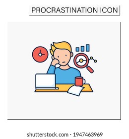 Procrastination statistics color icon.Unhappy statistic.Tired person at workplace. Dont want working.Overload concept. Isolated vector illustration