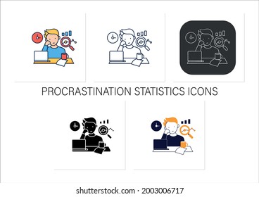 Procrastination statistics icons set.Unhappy statistic.Tired person at workplace. Dont want working.Overload concept.Collection of icons in linear, filled, color styles.Isolated vector illustrations