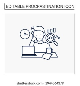 Procrastination statistics line icon.Unhappy statistic.Tired person at workplace. Dont want working.Overload concept. Isolated vector illustration.Editable stroke