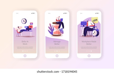 Procrastination, Time Management Business Process Mobile App Page Onboard Screen Template. Tiny Office People Characters Multitasking, Manage Working Productivity Concept. Cartoon Vector Illustration