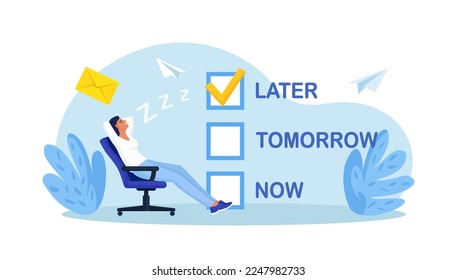 Procrastination or time management. Lazy employee sleeping postponing urgent tasks. Unproductive businessman dreaming and procrastinating instead of working. Do it later, postpone task to tomorrow