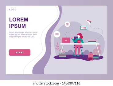 Procrastination and Time Wast Problem Flat Banner. Cartoon Landing page. Woman Worker Character Watching Fashion Magazine, Drinking Coffee at Worktime. Work, Deadline Avoidance. Vector Illustration